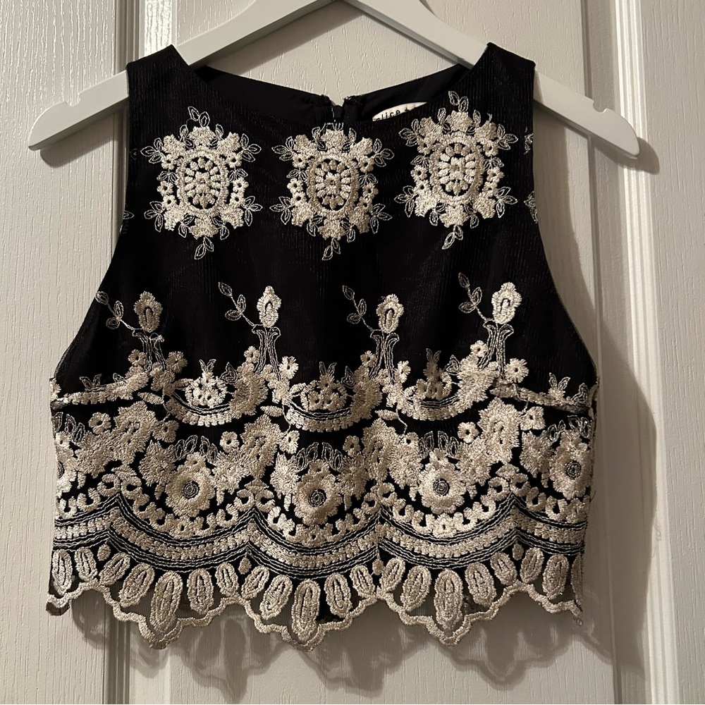 Alice + Olivia Black and Cream Embroidered Tank Top